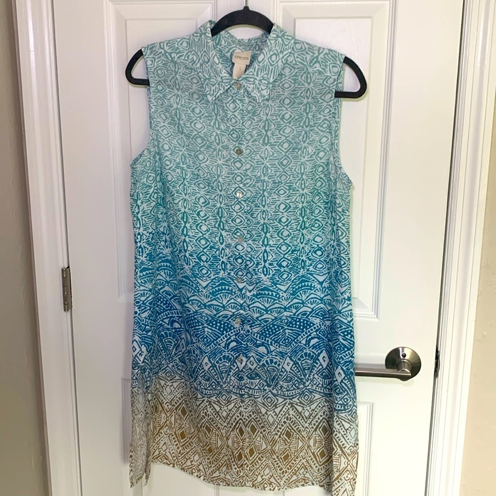 Chicos size medium linen button front ombré print sleeveless tunic blouse